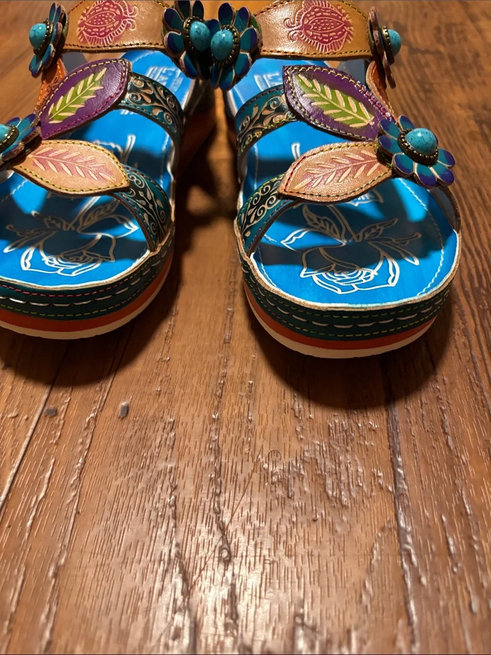 L'ATISTE Turquoise Blue Floral Leaf Leather Kids Sandals